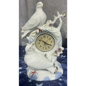 elegant vintage white iradecent ceramic clock birds doves purple roses works